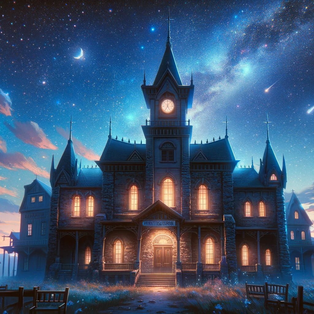 Magic school at night with ominous lighting