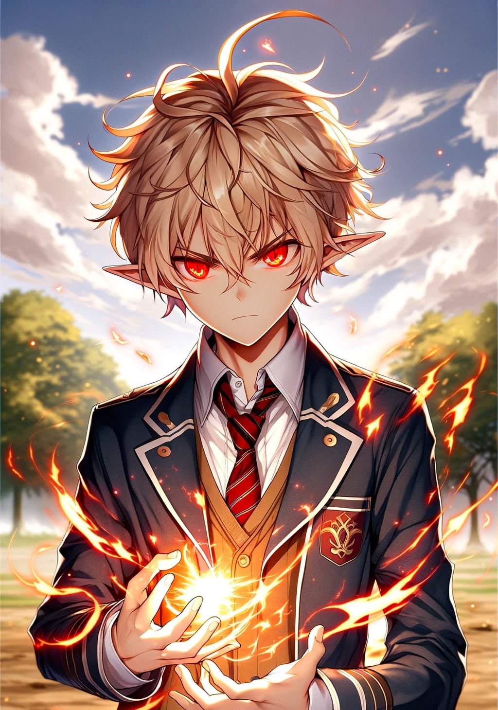 Young boy holding fire magic dressed in school uniform in open field