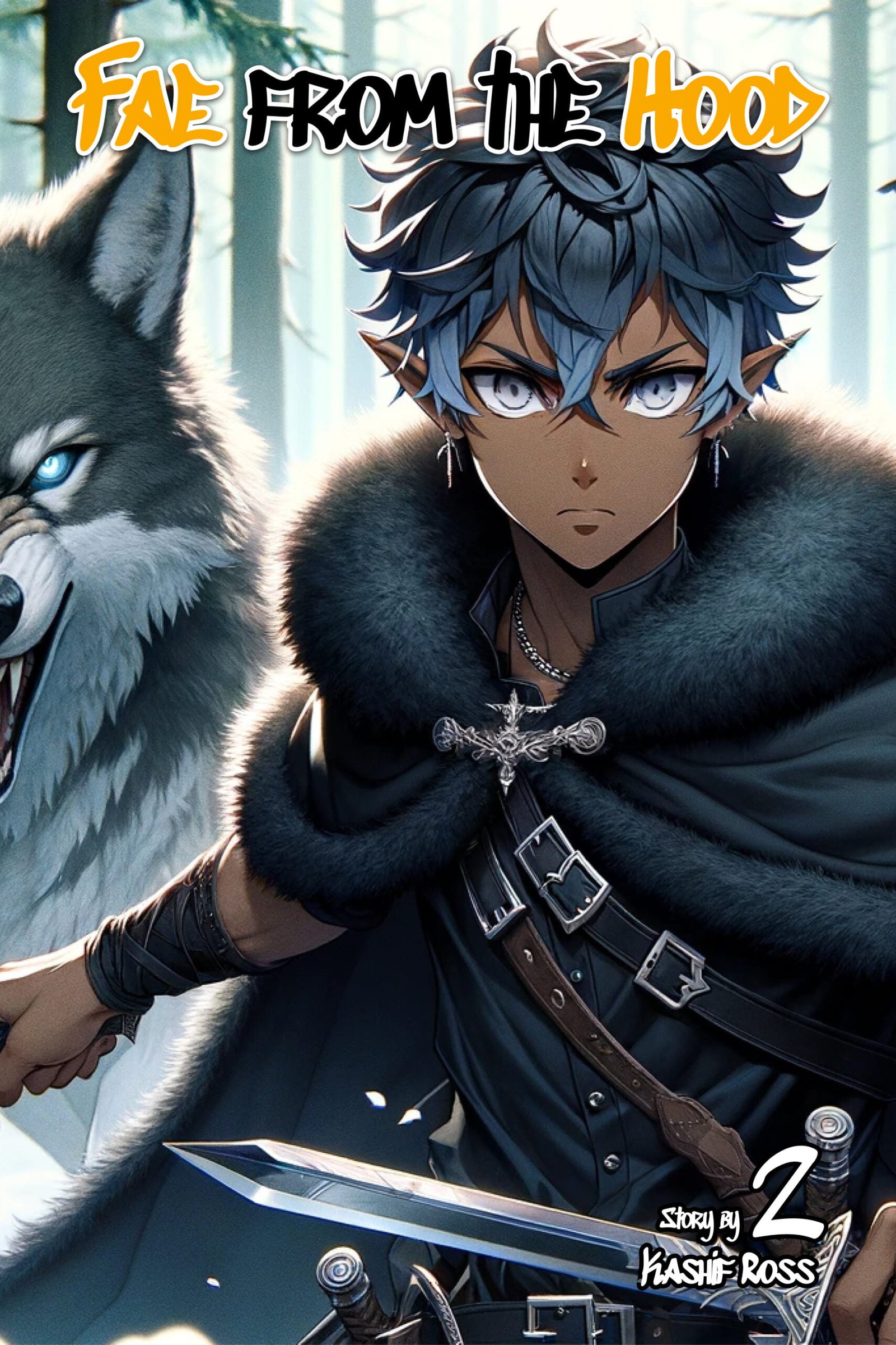 Book cover of young man holding swords with a giant wolf behind him