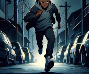 Young man, Grey, running through street