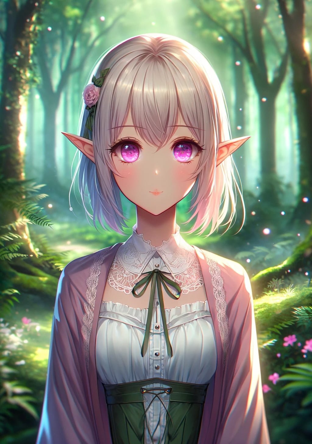 Young elf-like girl with pink eyes in school uniform