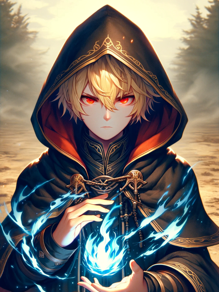 Christian dressed in a hood holding fire magic