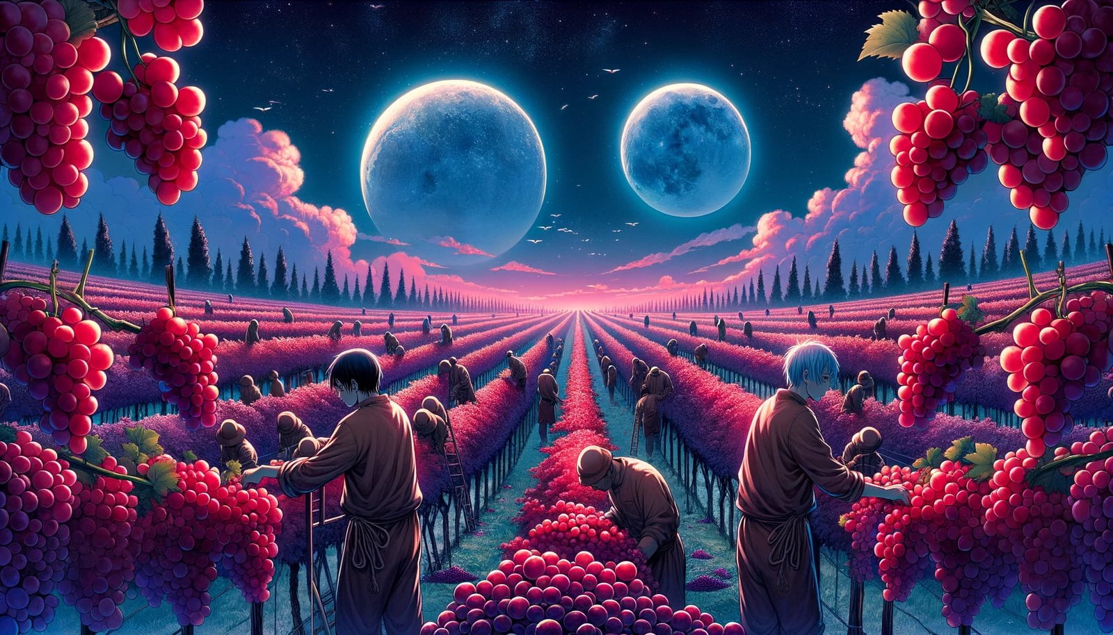 Magical vineyard with red grapes and two silver moons in the sky